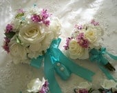 Realtouch Roses and Lavender Lilacs Wrapped in Tiffany Blue Bridal Set