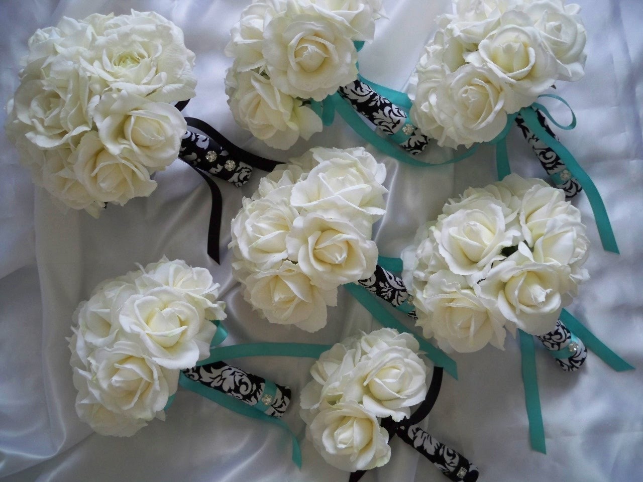 Bridal Bouquet Wedding Realtouch Roses wrapped in Damask and Tiffany Blue Set