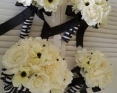 Nautical Wedding Silk Flower Wedding Set-French Cream/White Silk Peony And Realtouch Rose Bridal Bouquet Set