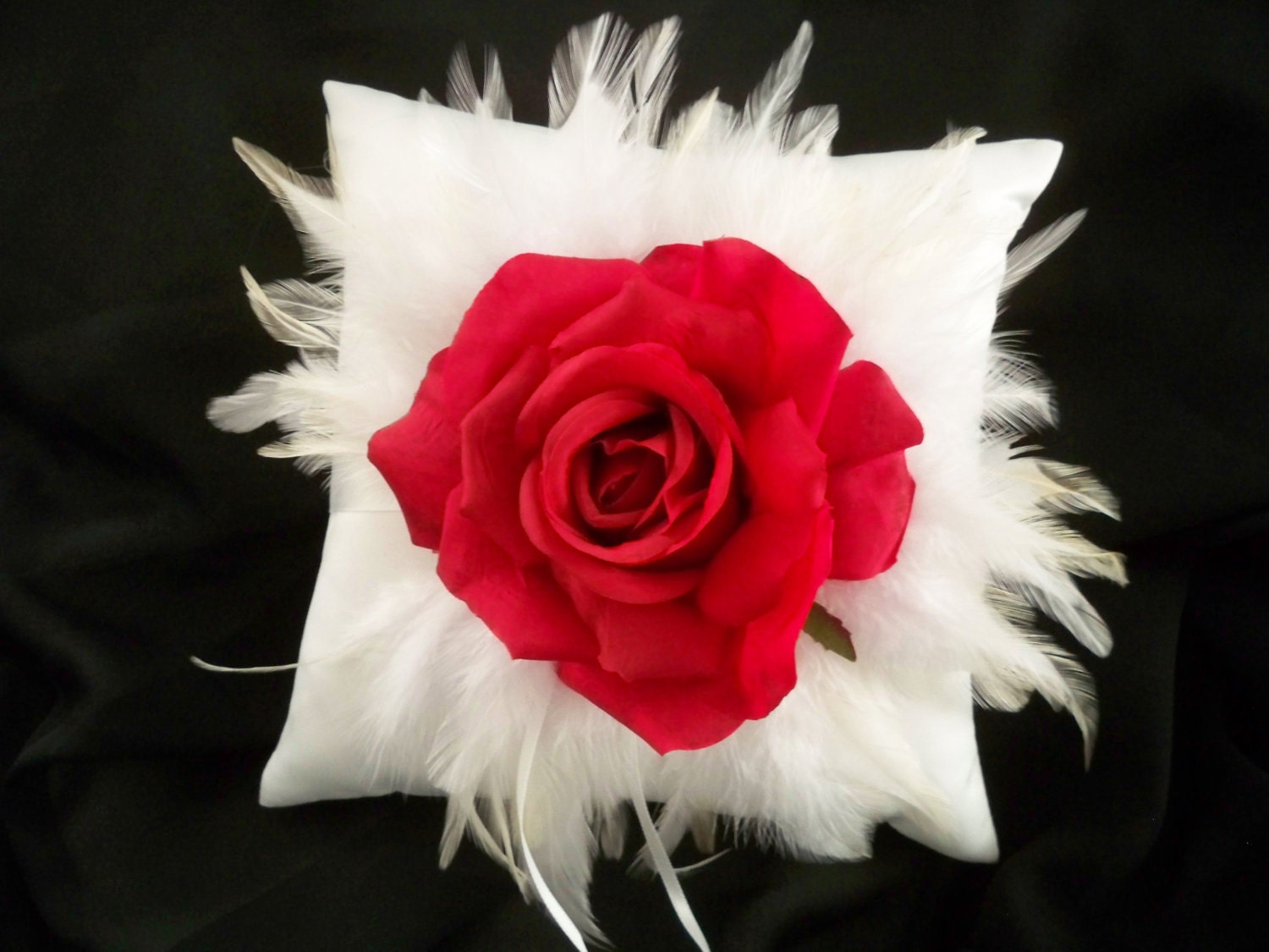 Red Silk Rose and White  Hackle feather Ringbearer Pillow