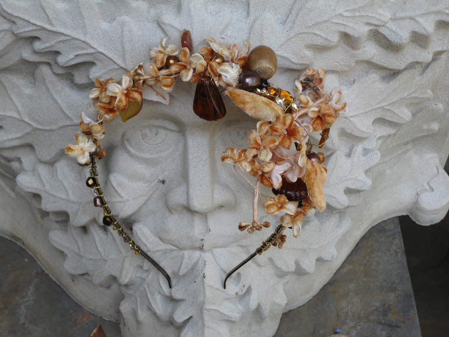 Headband Velvet Vintage Flowers Beaded Rhinestone Bird and acorn Headband one of a kind