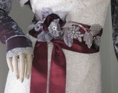Burgundy Satin Ribbon Wedding Gown Sash Rhinestones Velvet Leaves