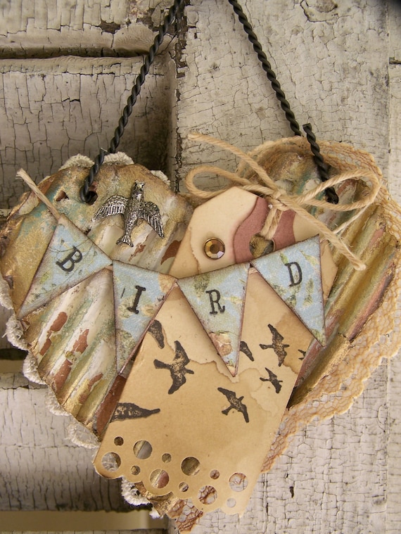 Vintage  Bird Altered Collage Vintage Mixed Media Cottage Style Heart Wall Hanging Antique Paper Heart