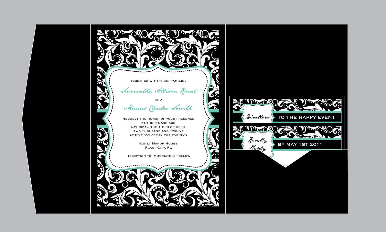 Modern - Vintage Antique Layered Flower Damask Pocketfold Wedding Invitation with address labels