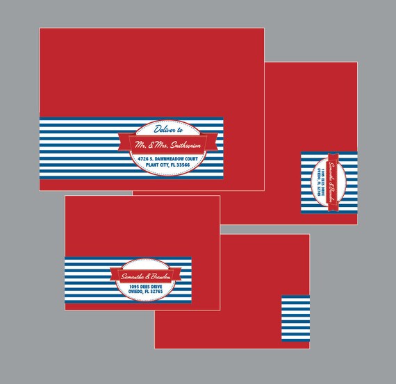 Retro 50's Vintage Antique Victorian Edwardian Nautical Wedding Invitation set with address labels