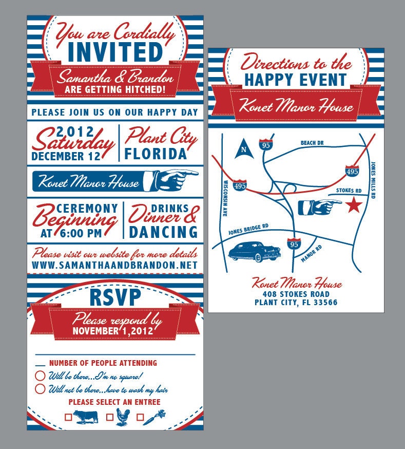Retro 50's Vintage Antique Victorian Edwardian Nautical Wedding Invitation set with address labels