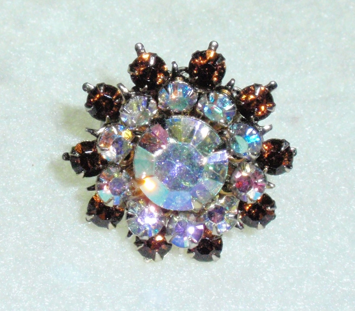 Cocktail Ring Adjustable Clear AB Vintage Rhinestone Surrounded by Dark Amber Rhinestones Flower
