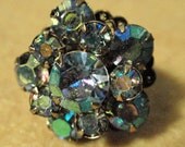 Cocktail Ring Adjustable Vintage Greenish Double A/B Crystal Rhinestones Flower Ring