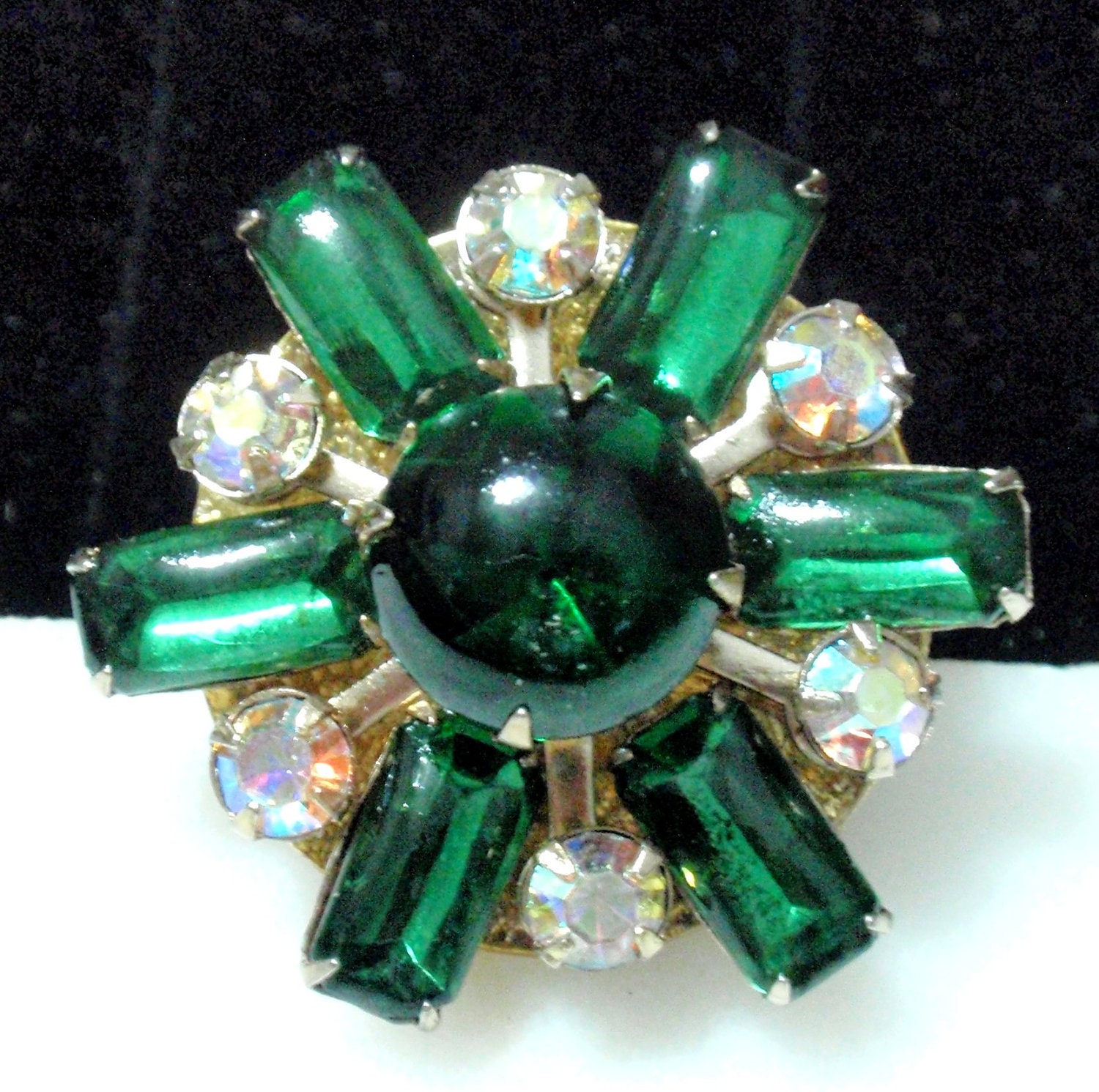 Cocktail Ring Adjustable Vintage Dark Forest Green AB Crystal Smooth Rhinestones Flower Ring