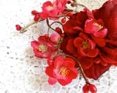 red flower hair clip, bridal hair accessory, cherry blossom - MY VALENTINE - wedding hair flower, rustic wedding