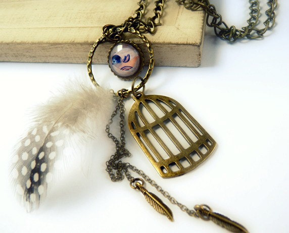 FREE SHIPPING Bird in cage necklace - Tribal Feather - Boho fashion jewelry print Illustration bird lover