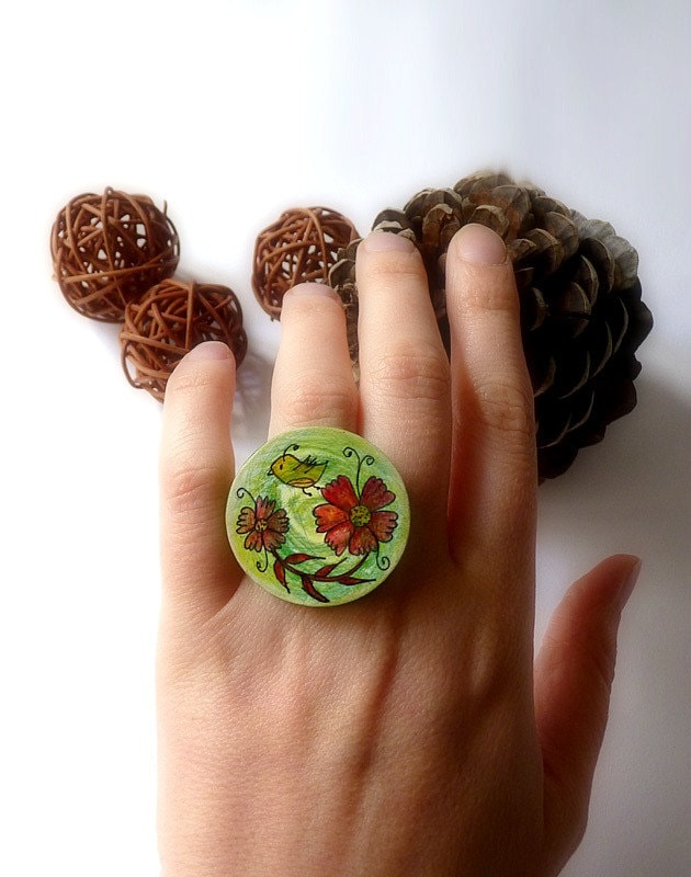 OOAK Ring Hand painted custom - Wall art or Necklace or Brooch or Ring red flower fall autumn green brown harvest - zime