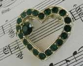 Emerald Green Rhinestone Vintage Heart Brooch FREE USA Shipping
