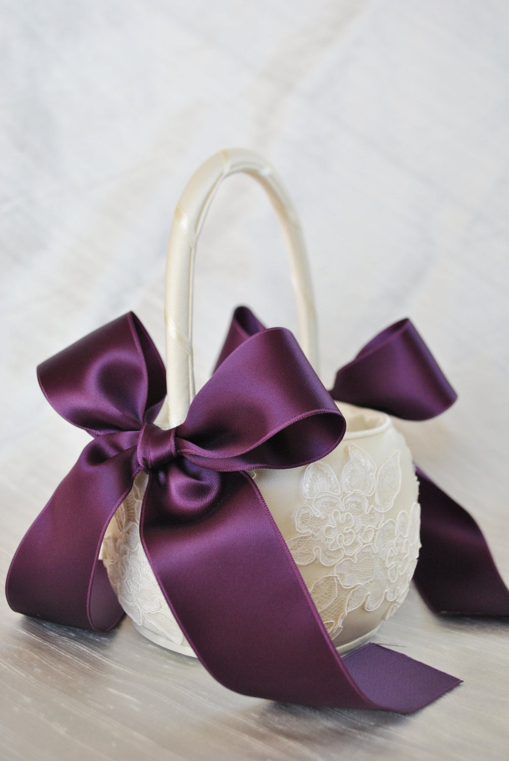 Purple Flower Girl Basket - Purple and Ivory Alencon Lace Flower Girl Basket