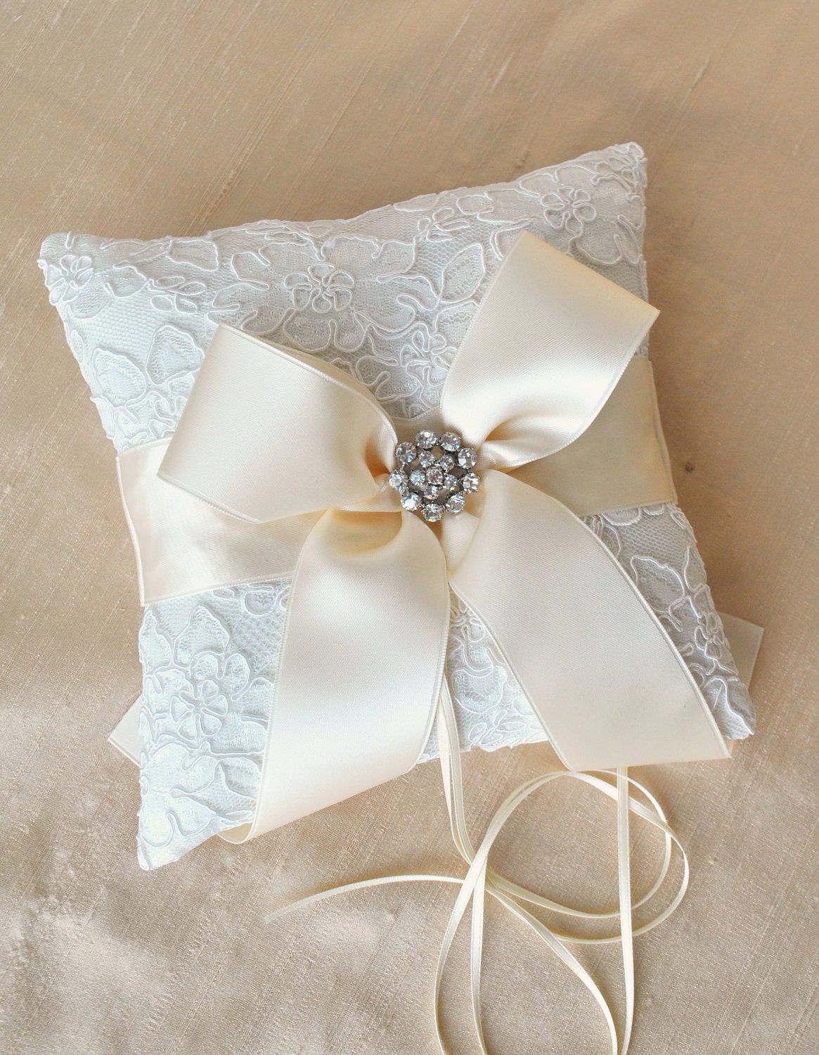 Ivory Ring Bearer Pillow with Cream Ribbon - Alencon Lace with Rhinestones