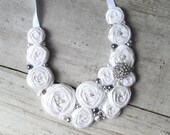 Bridal White Rosette, Rhinestone and Pearls Statement Necklace