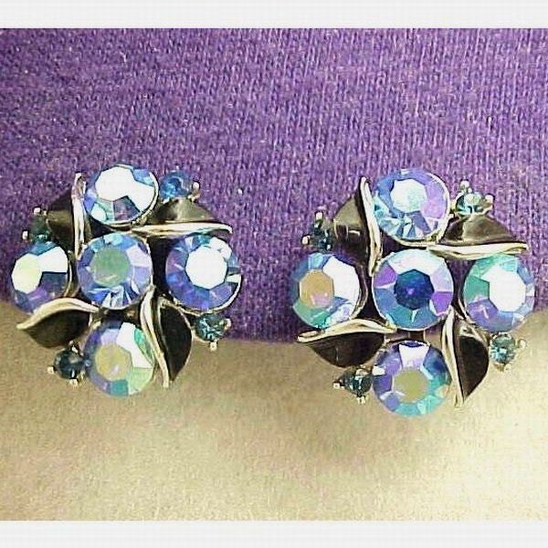 Brilliant LISNER Blue Aurora Borealis Rhinestone Earrings Screw Back