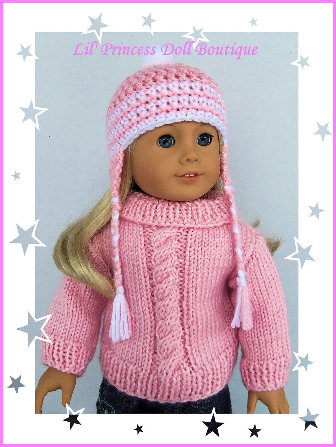Simply Adorable Pigtail Earflap Hat, Fits American Girl Doll, PINK, Crochet 18 Inch Doll Clothes