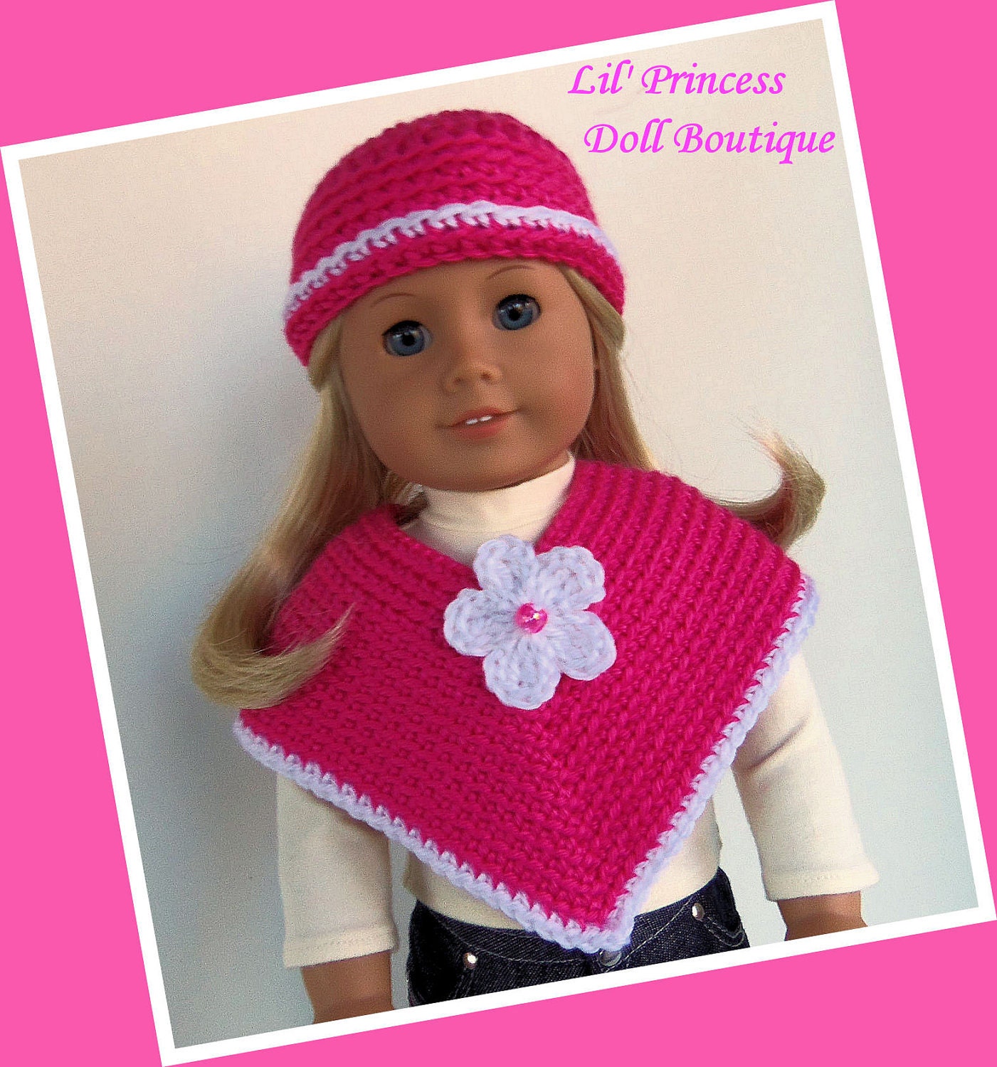 Made For American Girl Dolls,  Spring Poncho and Hat Set, Bright Pink, Bright Pink 18 Inch Doll Clothes