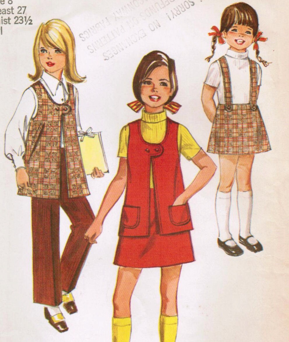 1970s Simplicity 8942 Vintage Sewing Pattern Girl's Skirt with Detachable Suspenders, Vest, and Pants Size 8 - midvalecottage