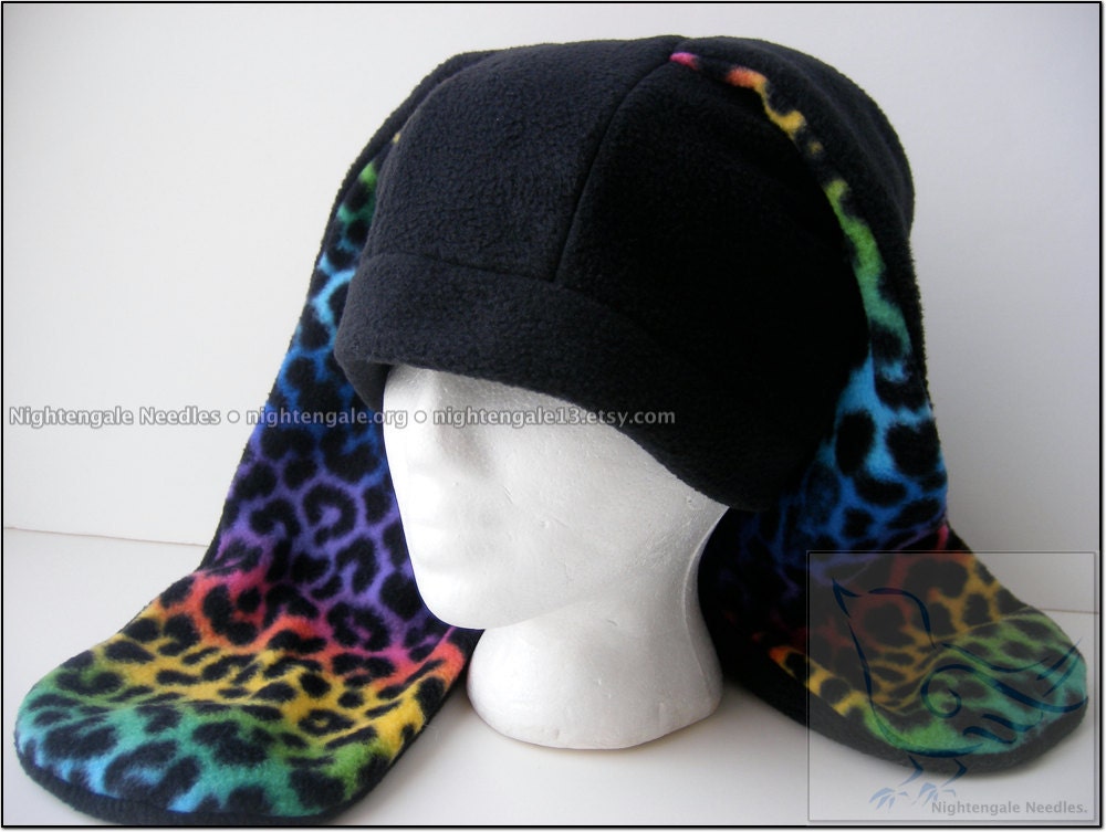 Rainbow Bunny Ear Fleece Hat - Black and Leopard Print