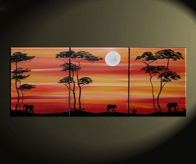 Abstract Sunset Painting African Elephant and Gazelle Art Acacia Trees Red Orange Black Triptych Original Silhouette Wall Art Custom 48x20