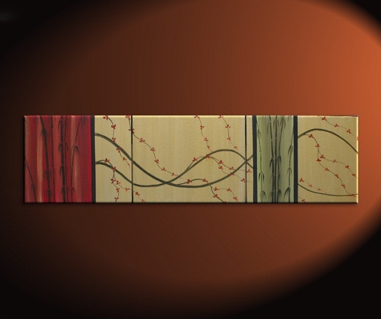 Cherry Blossom and Bamboo Painting Original Abstract Asian Zen Art Large CUSTOM Wine Red and Gold 60x16