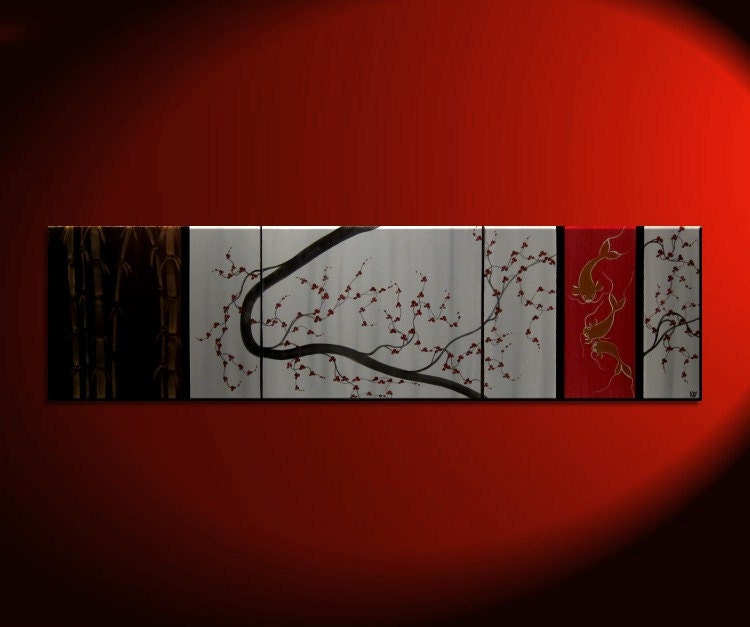 Large Koi Fish Painting Chocolate Brown Grey and Gold Cherry Blossom and Bamboo Original Abstract Asian Zen Art Ships Fast 60x16
