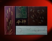 Large Asian Painting Zen Blossoms Cattails and Circles Warm Colors Original Art Burgundy Green Brown Grey 24x36 Chinese Kanji