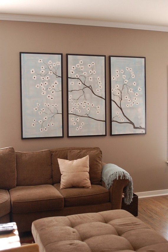 HUGE Dogwood Flower Branch Painting Delicate Blues Gray and White Elegant Original Art Spring Blossoms Custom Artwork 72x48