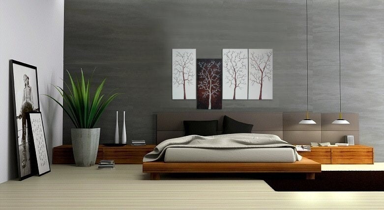 Large Tree Painting for Sale Four Canvases Modern Abstract Art Brown and White Original Zen Wall Art Custom Made 60x30