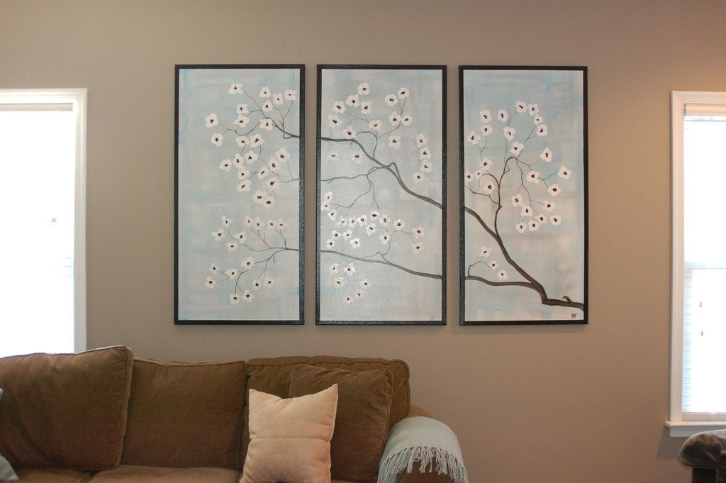HUGE Dogwood Flower Branch Painting Delicate Blues Gray and White Elegant Original Art Spring Blossoms Custom Artwork 72x48