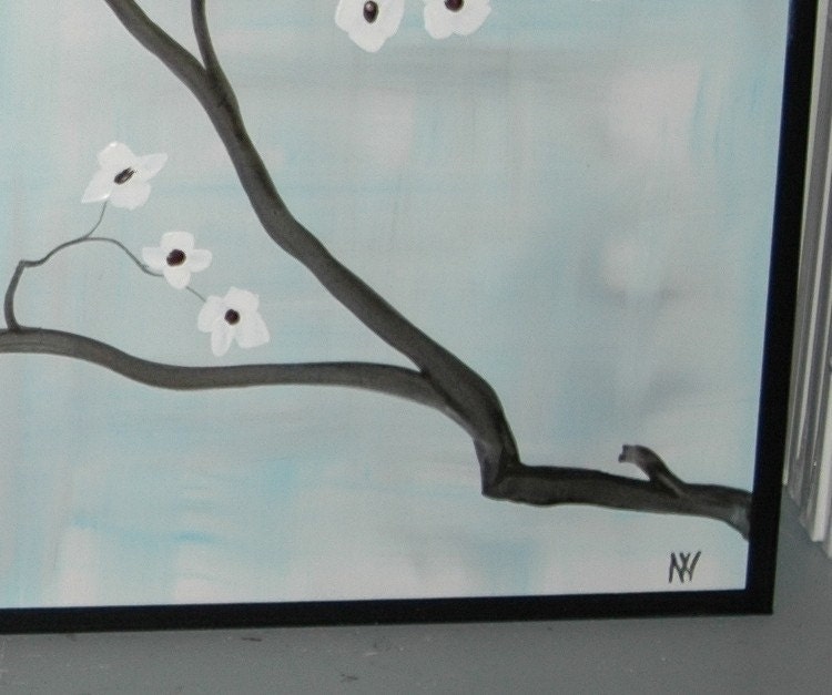 HUGE Dogwood Flower Branch Painting Delicate Blues Gray and White Elegant Original Art Spring Blossoms Custom Artwork 72x48