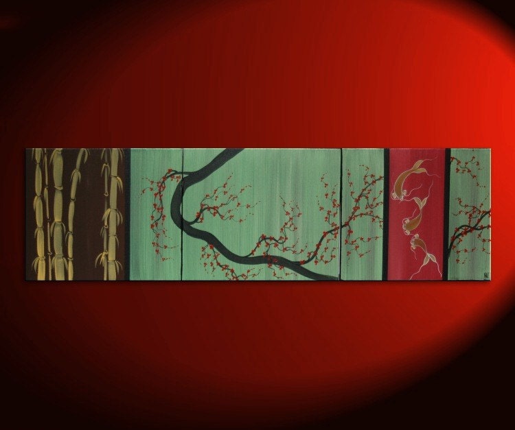 Large CUSTOM Chocolate Brown Green and Gold Cherry Blossom Koi Fish and Bamboo Painting Original Abstract Asian Zen Art 60x16