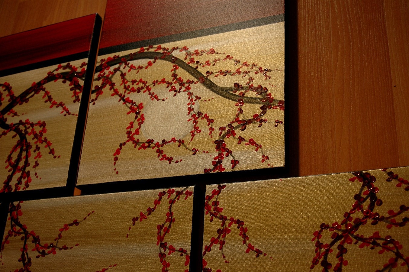 HUGE Zen Wall Art Red and Gold Large Painting Contemporary Abstract Asian Fusion Gnarly Plum Blossom Art Custom 56x40