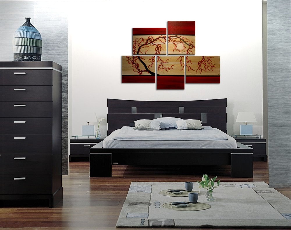 HUGE Zen Wall Art Red and Gold Large Painting Contemporary Abstract Asian Fusion Gnarly Plum Blossom Art Custom 56x40