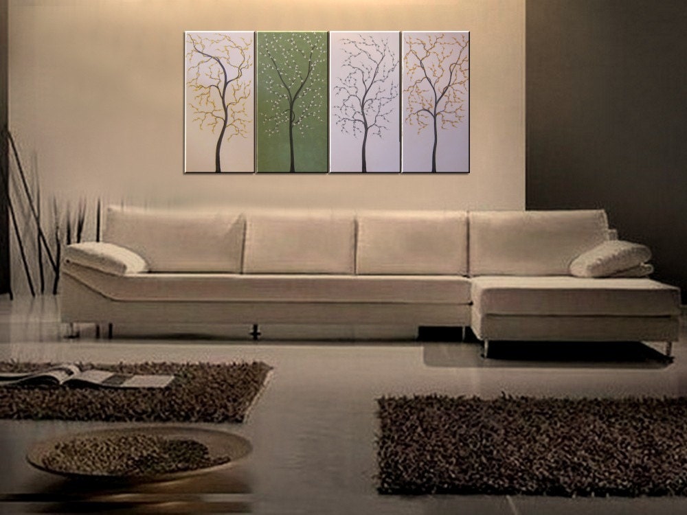 Large Modern Abstract Art Cherry Tree Painting Cream and Green Original Art over Four Canvases 60x30 Ready to Ship