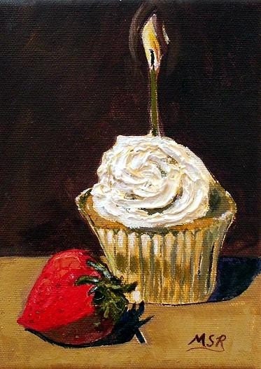 Birthday Cupcake and Strawberry Oil Painting