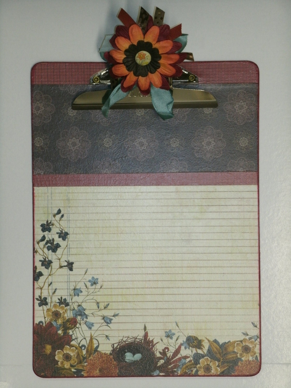 Bird Nest and Floral Altered Handmade Clipboard