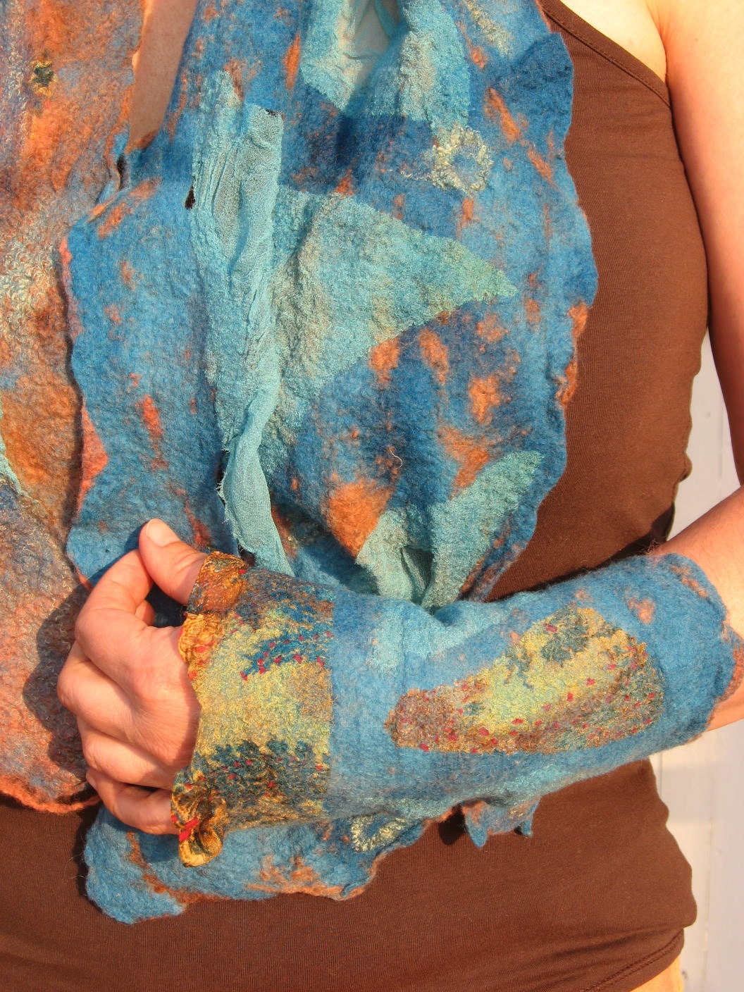 Two Pieces Set of Felted Pair of Silk Fingerless and Scarf  - Ocean Blue
