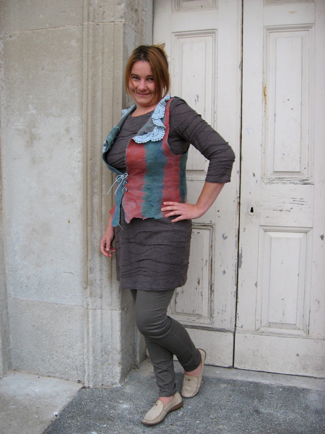 Felted Vest with Vintage Lace Collar - REVERSIBLE (mixed merino wool and mulberry silk)