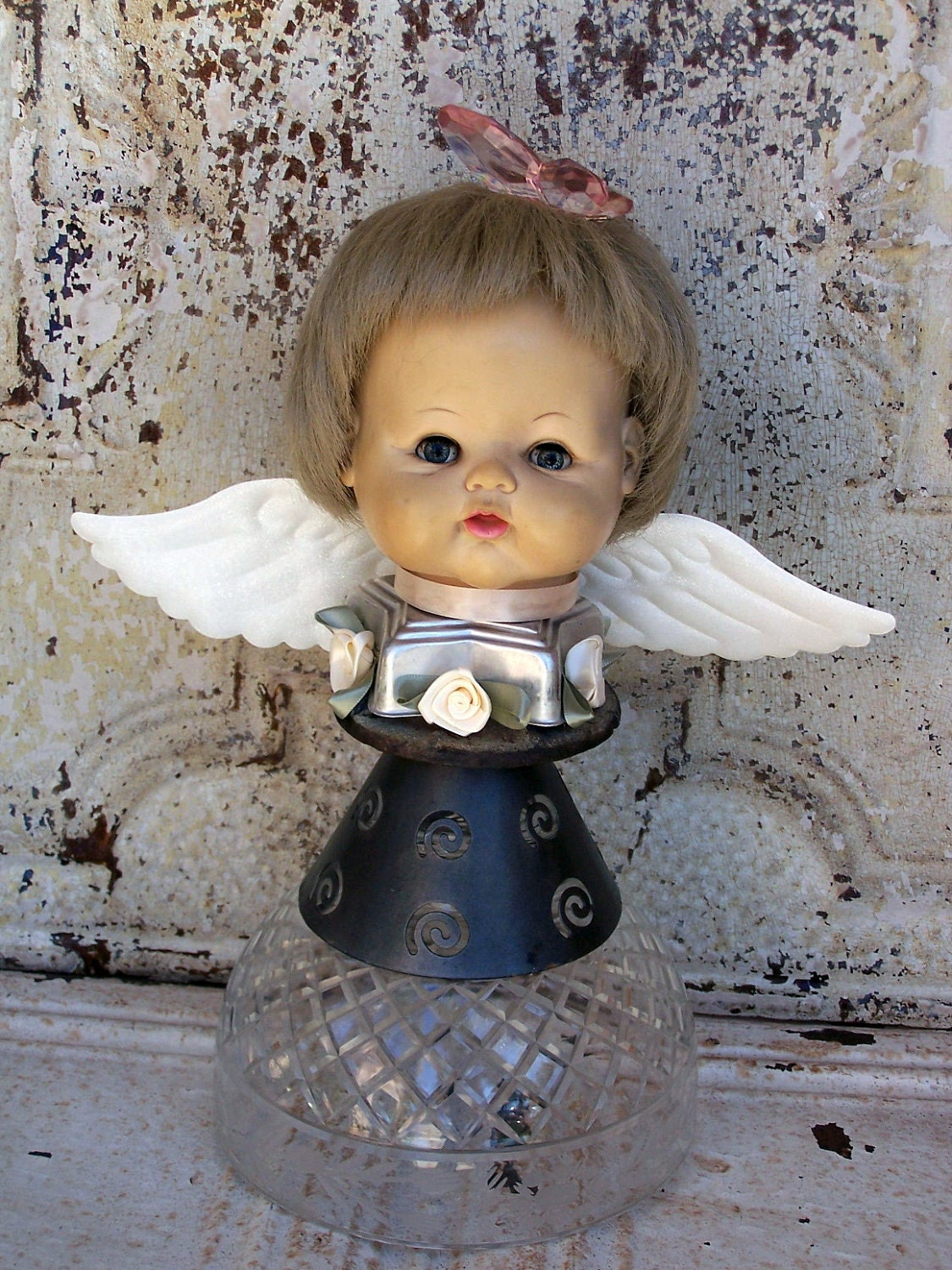 Original Assemblage Sculpture Doll Angel with Found Objects and Vintage items, Altered Art
