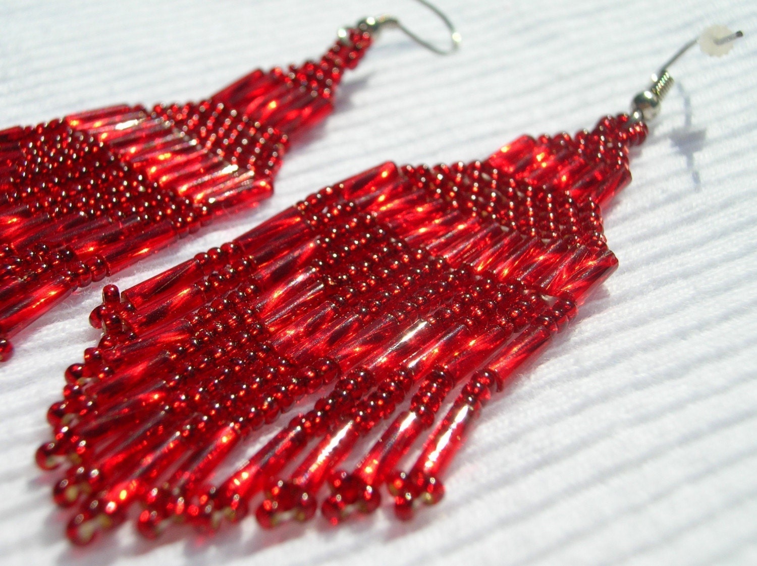 Sparkling Red Seed Beaded Woven Chandelier Fringed Dangle Earrings