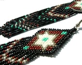 Long Indian Style Star Design Black, Brown, Grey, White, Turquoise Fringed Seed Bead Earrings