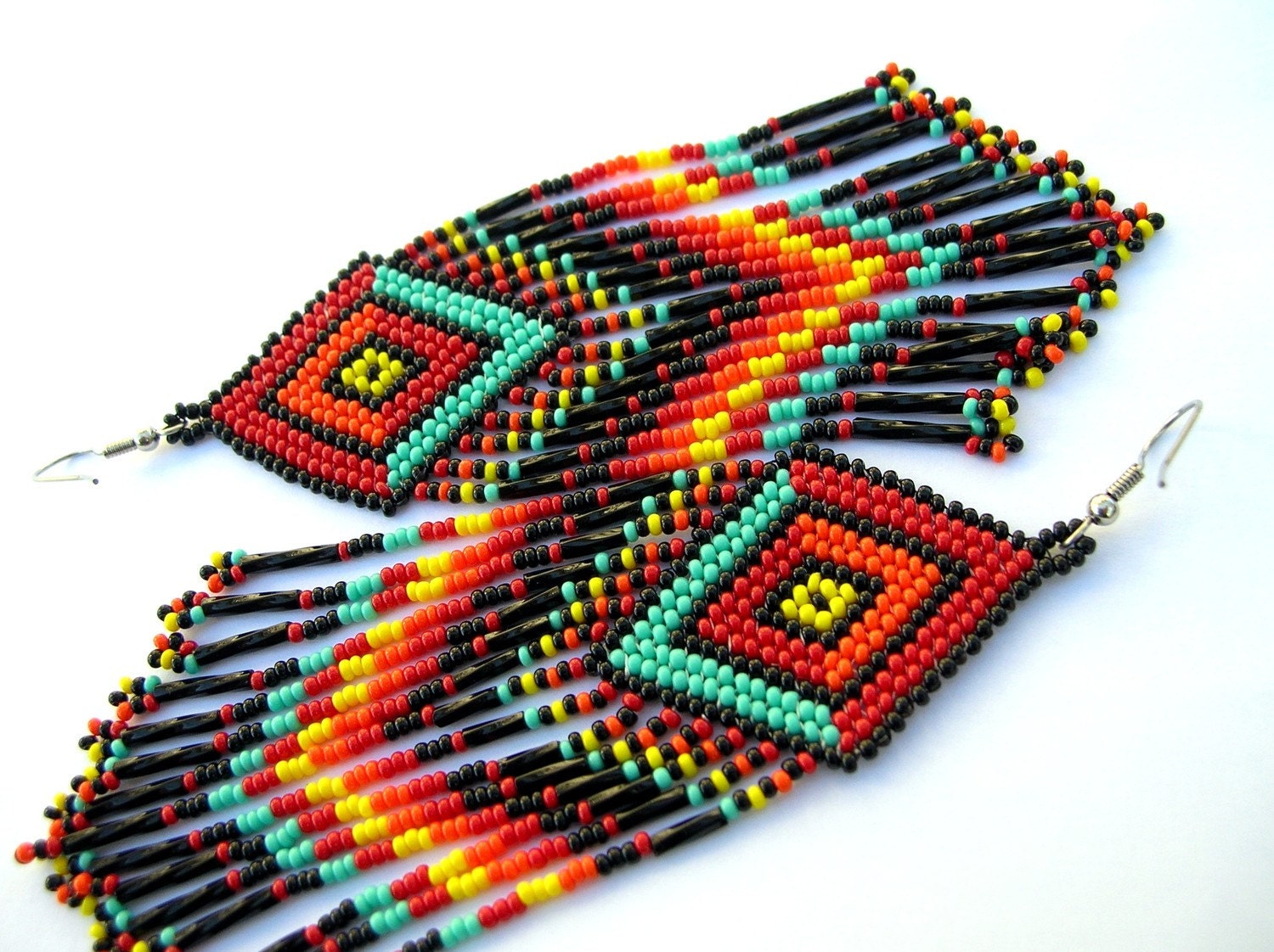 Indian Style Rainbow Multi Color Fringed/tassle Brick Stich Seed Beaded Long Earrings