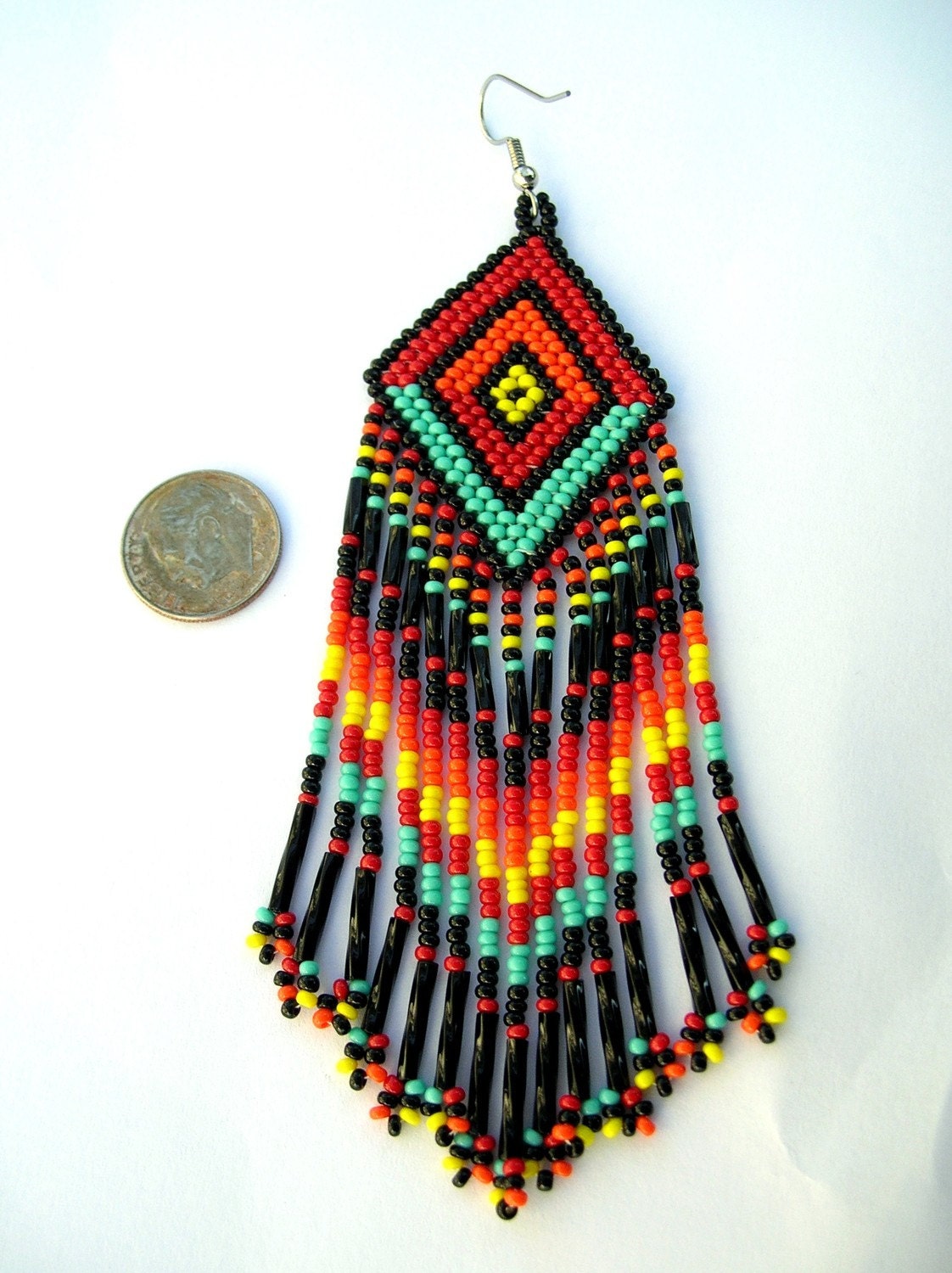 MADE To ORDER Indian Style Rainbow Colored Fringed Brick Stich Seed Beaded Earrings