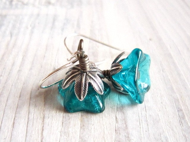 Fleur II Posy Drop Earrings in Teal and Silver