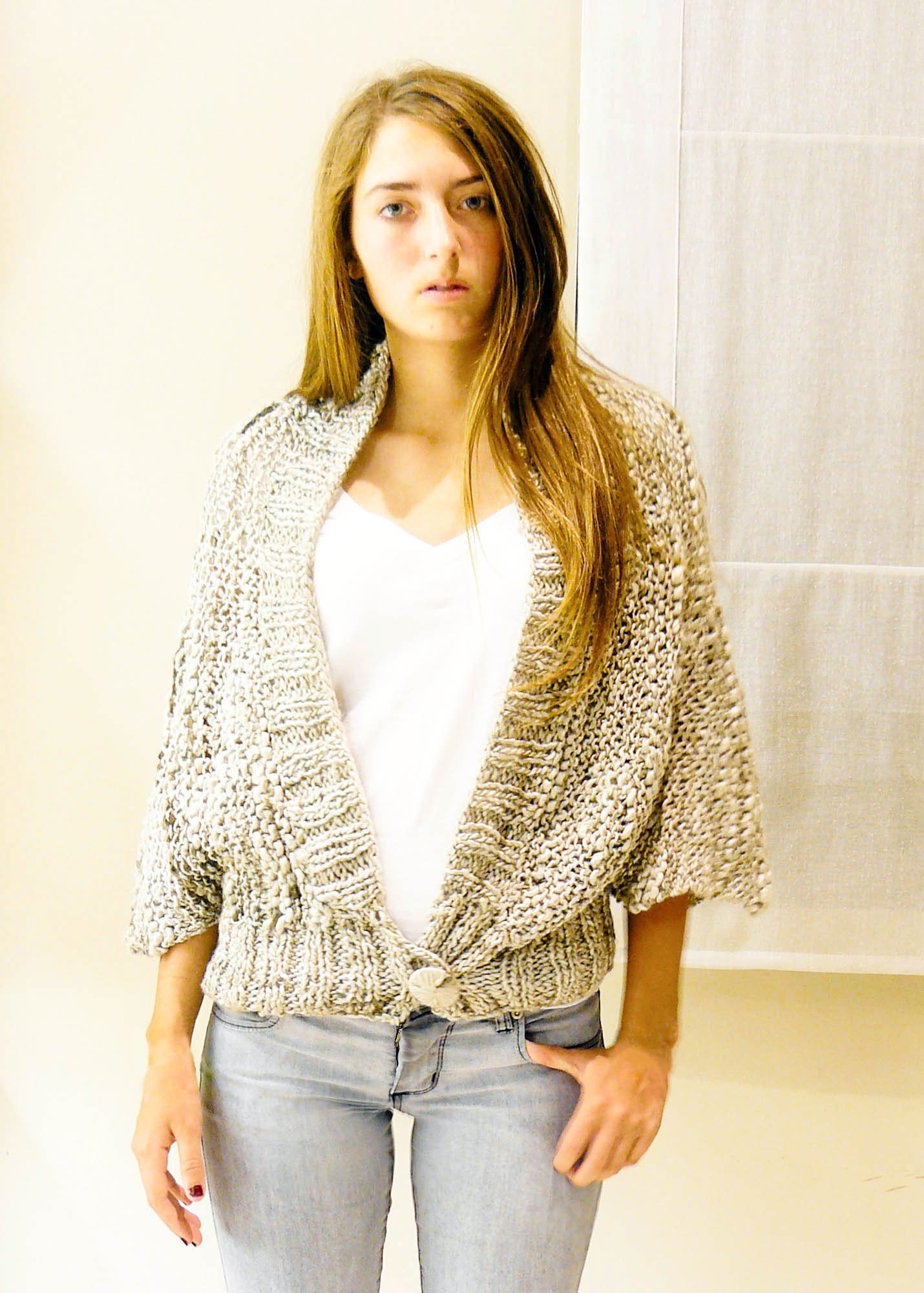 ready to ship-MALENA hand knitted cardigan cape in bone colour