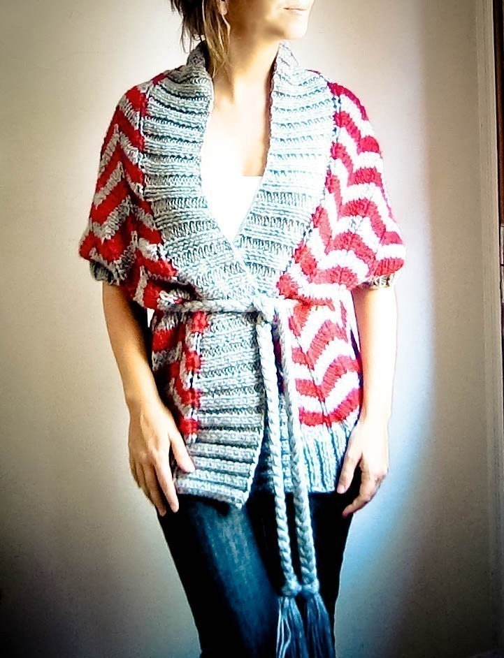 ZIG ZAG hand knit cardigan vest in grey and red