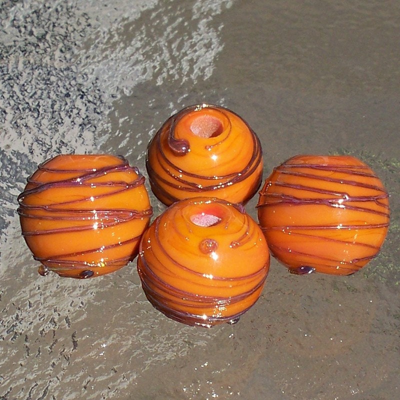 Wrapped Marble Bead Set - Orange Spheres Wrapped in Iridescent Purple  Raised Stringer (4 beads)